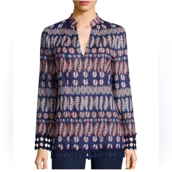 TORY BURCH Navy Fern Crochet Lace Tunic Top, Size 2 - Picture 2 of 12